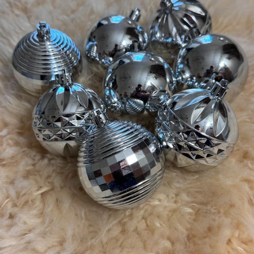 Lot of 8 Silver Shatterproof Christmas Ornaments Plastic Mixed Textures Baubles